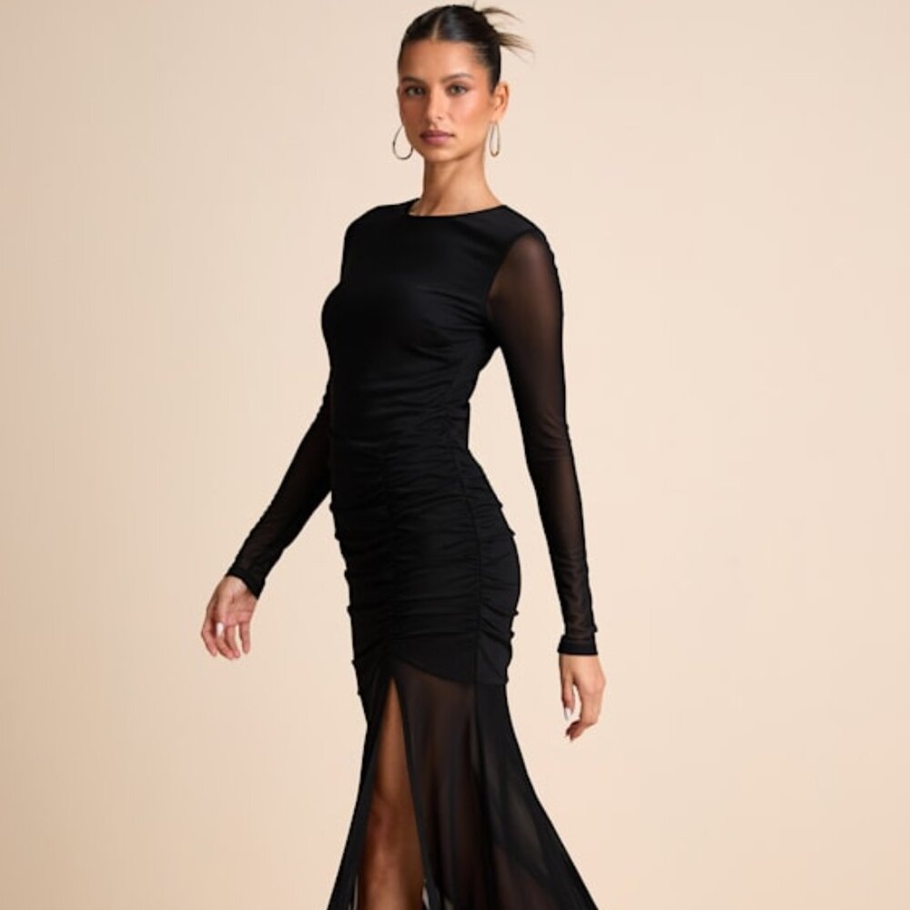 Lulu's Black Long-Sleeve Mesh Ruched Maxi Dress